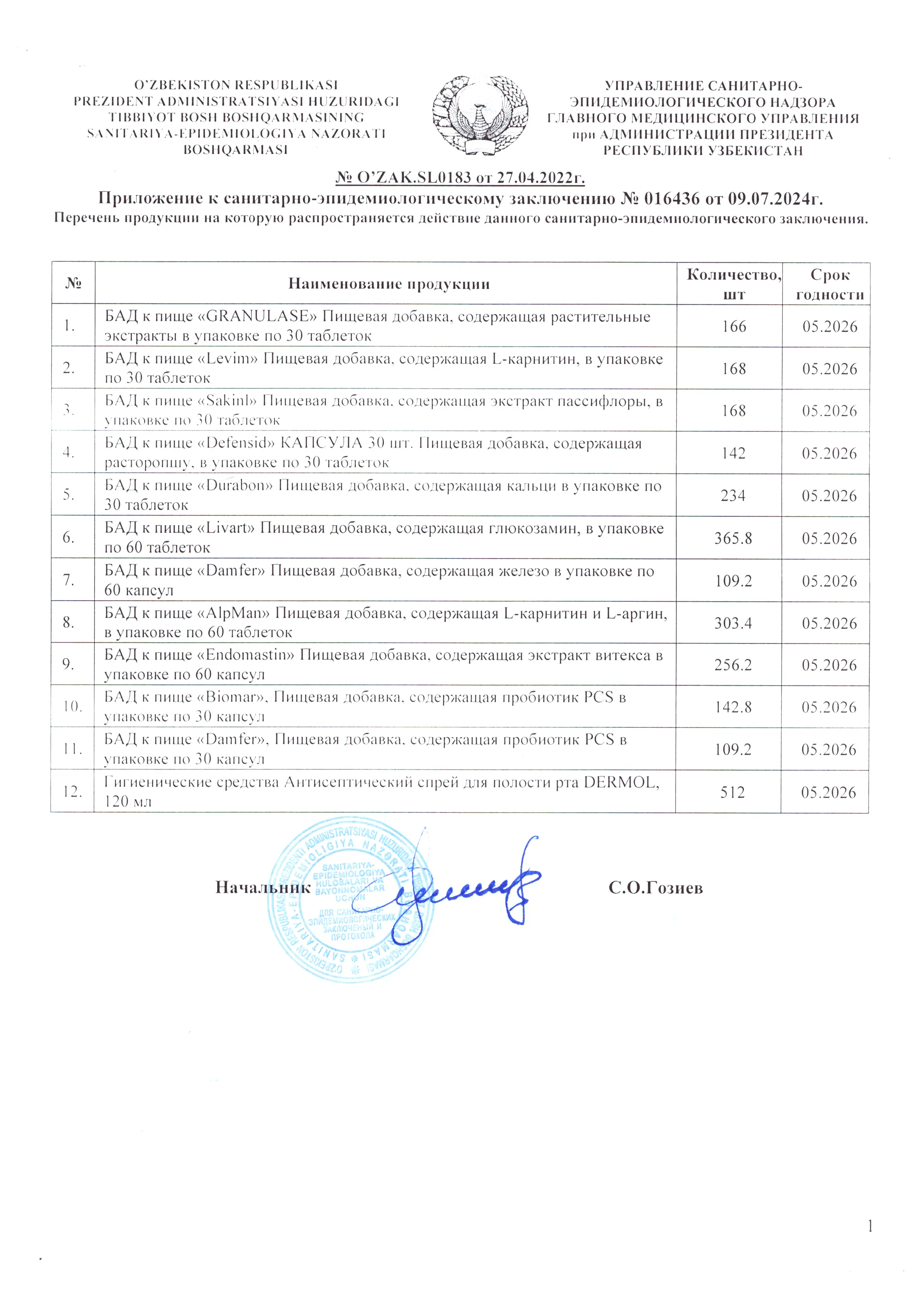 Sanitary certificate