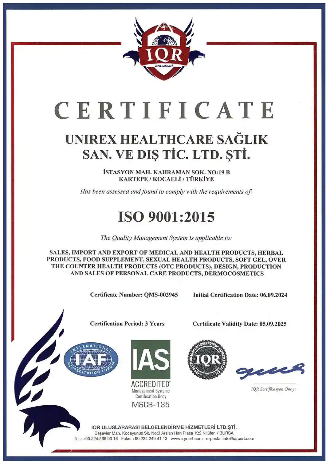 ISO 9001:2015 №QMS-002945 — IQR International