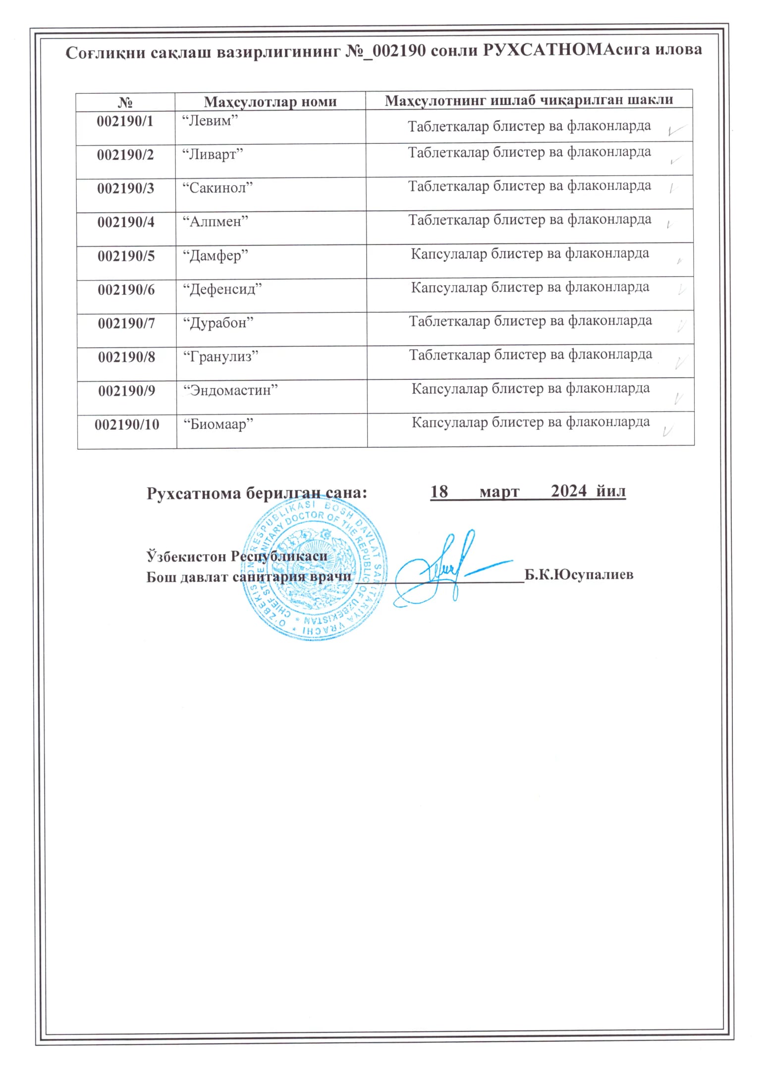 Приложение к Рухсатноме №002190 — Перечень продуктов